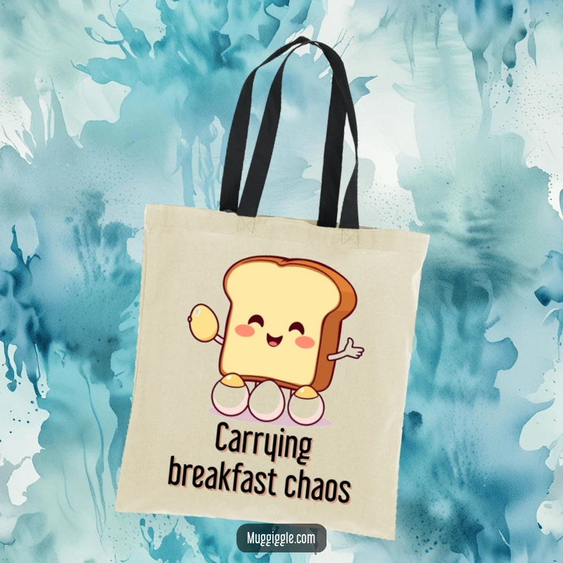 Funny tote bag featuring a toast character juggling eggs, ideal for carrying items with a humorous and breakfast-themed design.