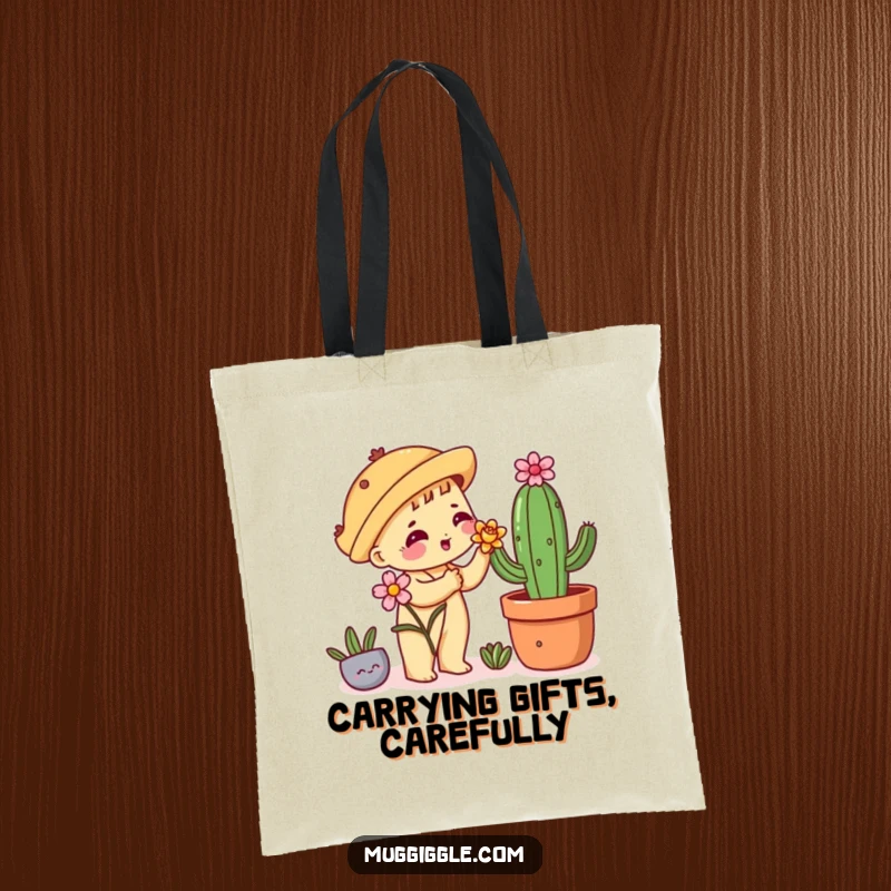 Funny tote bag with a shy taco character nervously offering a flower to a cactus, perfect for carrying sweet sentiments.