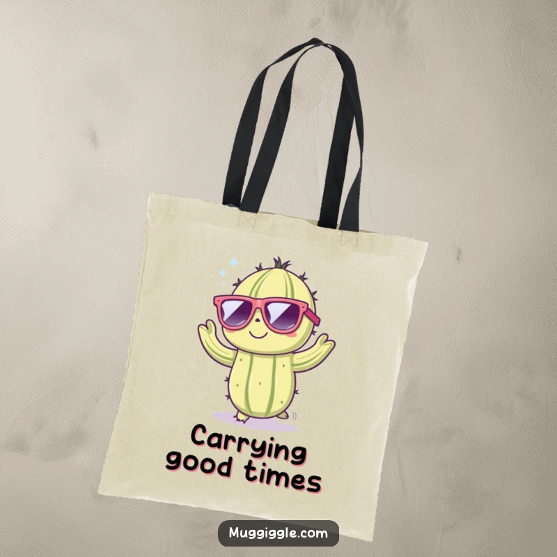 Funny tote bag illustrating a cute cactus character wearing large sunglasses and dancing energetically, perfect for errands.
