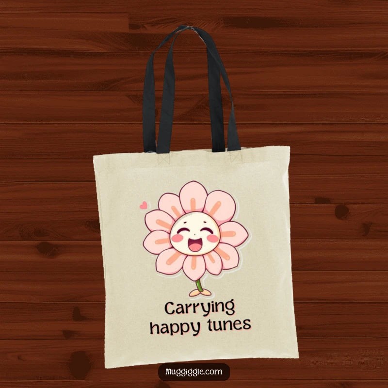 Funny tote bag illustrated with a singing flower character with laughter-shaped petals, perfect for carrying daily items with a floral, humorous touch.