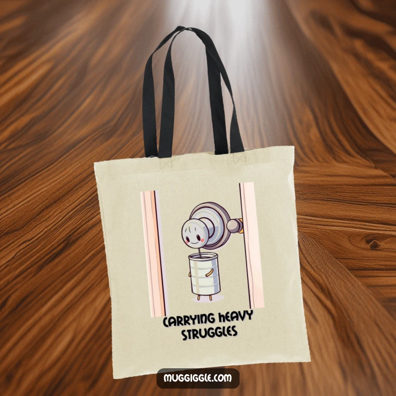 Funny Tote Bag: A determined door knob grapples with a tiny, unyielding tin can, symbolizing a relatable struggle.