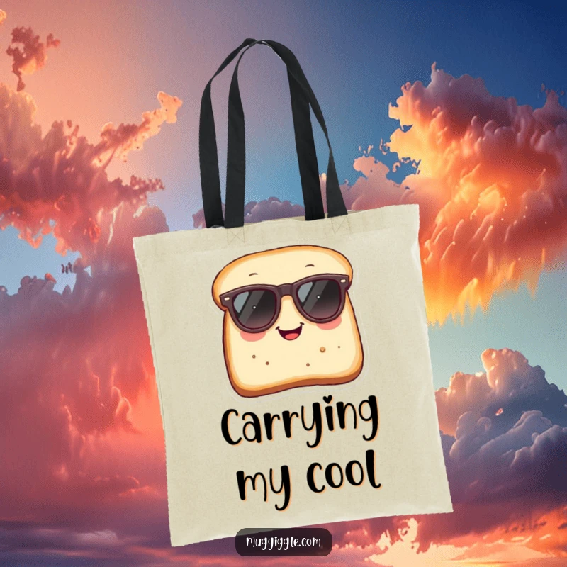 Funny Tote Bag: Smiling bread slice with oversized sunglasses, a humorous and practical carryall.