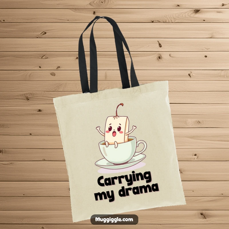 Funny tote bag depicting a shocked teabag with legs kicking, fleeing a teacup, a witty and practical accessory.