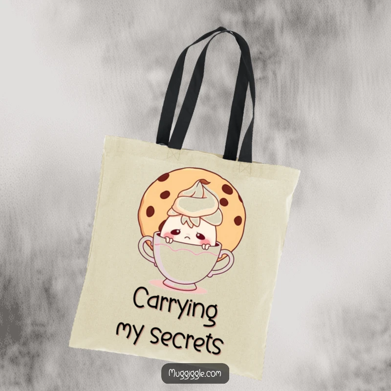 Funny tote bag showcasing a timid teacup character peeking from behind a huge cookie, perfect for carrying essentials discreetly.