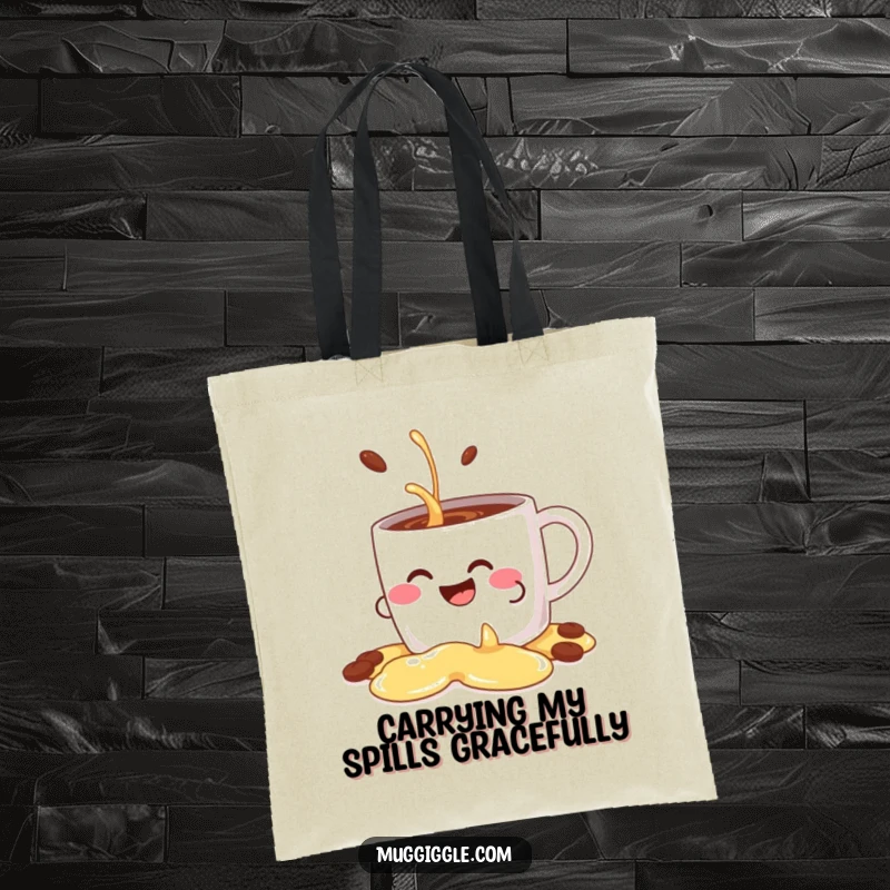 Funny tote bag with a giggling coffee mug character comically spilling its contents decoratively, a humorous and practical accessory.