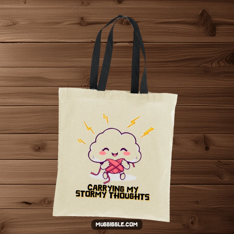 Funny tote bag with a happy cloud character knitting energetically using vivid lightning bolts, designed for stylish and humorous everyday use.