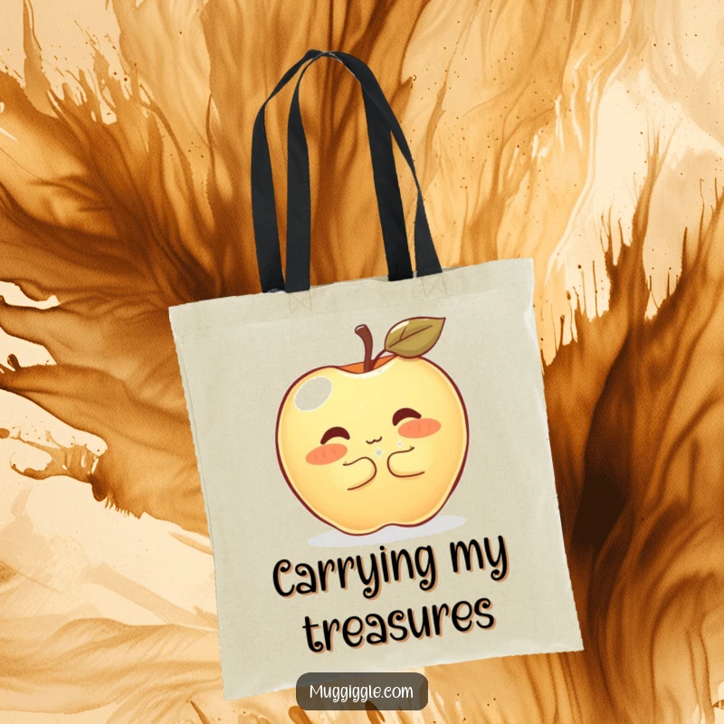 Funny Tote Bag with a shyly blushing apple hugging a large, sparkly button, perfect for carrying items with sweet and humorous charm.