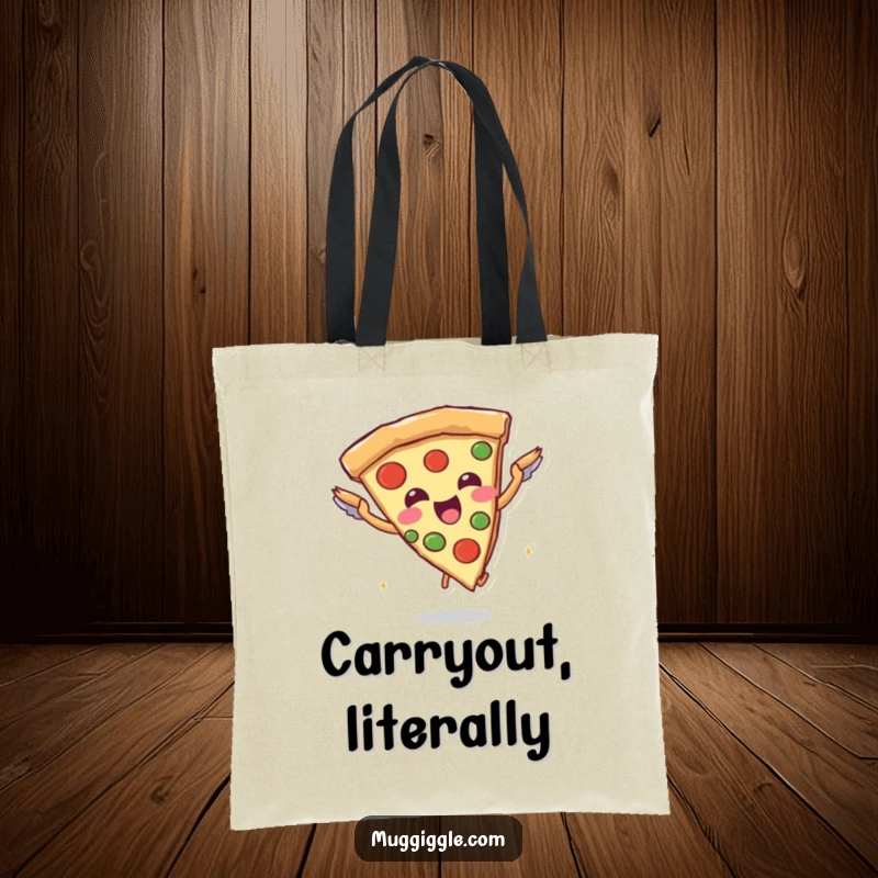 Funny tote bag featuring a joyful pizza slice character attempting to fly with breadstick wings, ideal for carrying groceries or daily items.