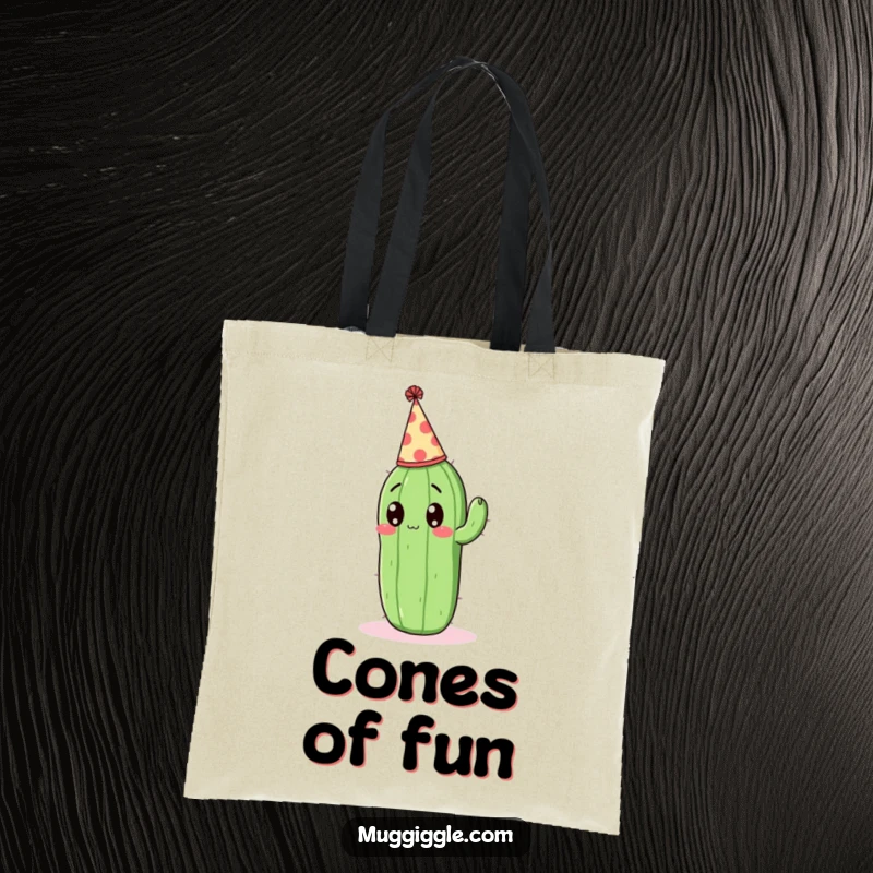Funny Tote Bag: Surprised cactus with a party hat, perfect for carrying party essentials.