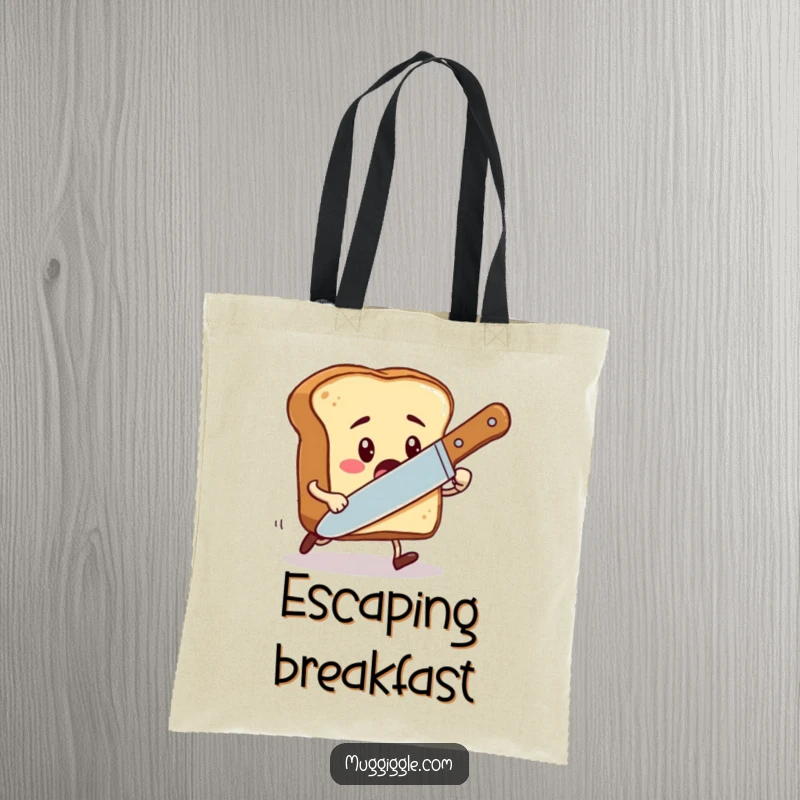 Funny tote bag illustrating a startled toast character being chased by an oversized butter knife, perfect for shopping.