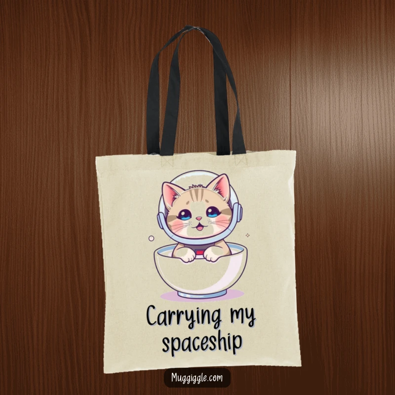 Funny tote bag showing a cat in an astronaut helmet floating in milk, ready to carry your universe of items.