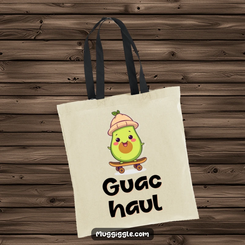 Funny avocado tote bag, wearing a hat, skateboarding with a smile, a durable and amusing accessory for carrying daily items.