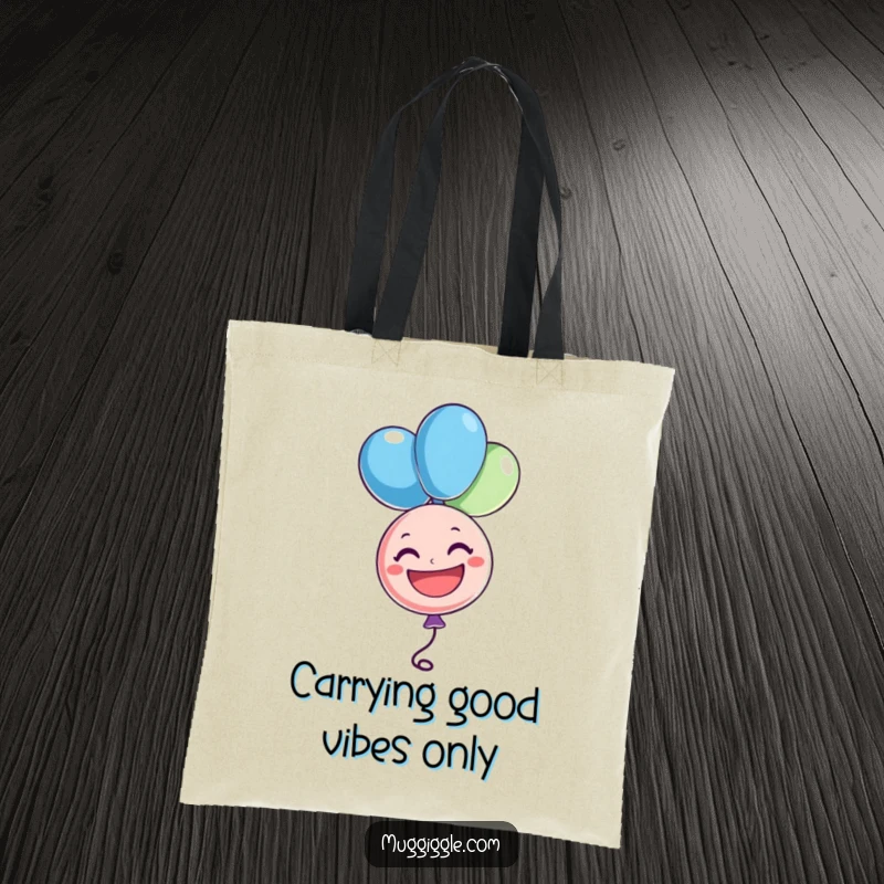 Funny tote bag featuring a cheerful balloon character upside down with a big grin, perfect for carrying items with a dose of joy, a funny gift.