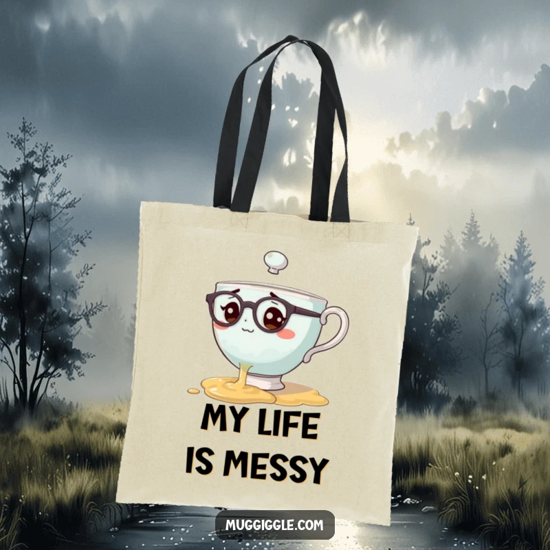 Funny tote bag depicting a teacup character with spectacles spilling tea in a bewildered manner, great for everyday use.