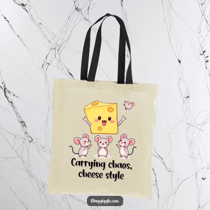 Funny tote bag depicting a cheese character juggling mice, designed for carrying items with a dose of hilarious, quirky surprise.