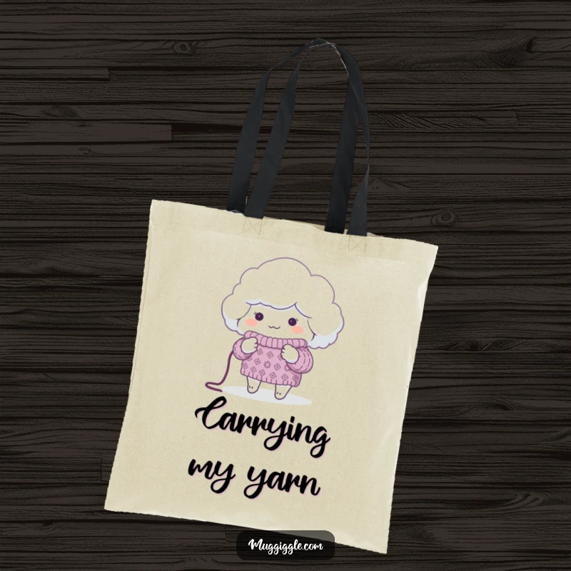 Funny Tote Bag with a fluffy cloud knitting a sweater for a tiny planet, perfect for carrying items with eco-themed humor.