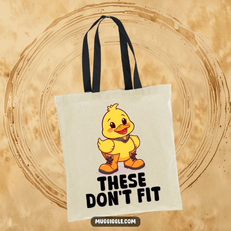 Funny rubber duck character with oversized boots, depicted on a tote bag for a humorous and practical accessory.