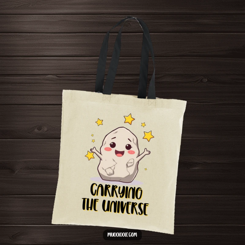 Funny happy rock character juggling small stars, depicted on a tote bag for a humorous and practical accessory.