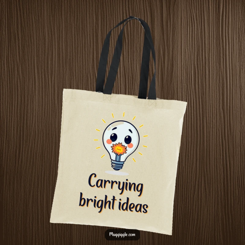 Funny Tote Bag: A surprised lightbulb character is emitting a tiny, colorful explosion, perfect for carrying creative thoughts.