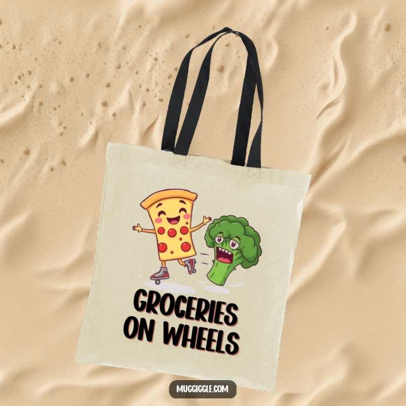 Funny Tote Bag with a smiling pizza slice on roller skates, zooming past broccoli, perfect for carrying items with food-themed humor.