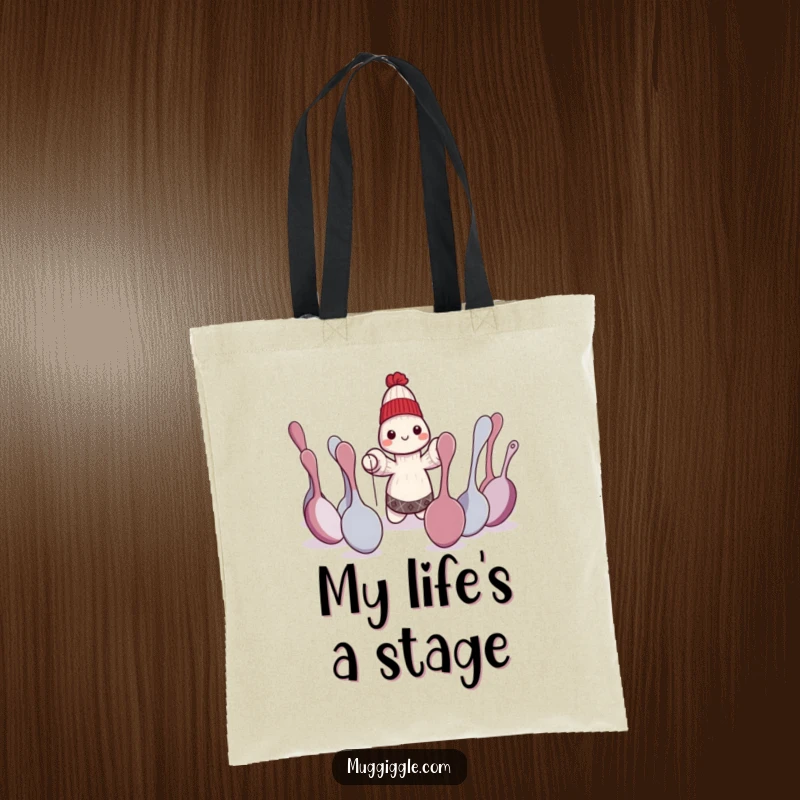Funny sock puppet character performing a dramatic play for bewildered spoons, a durable and humorous tote bag.