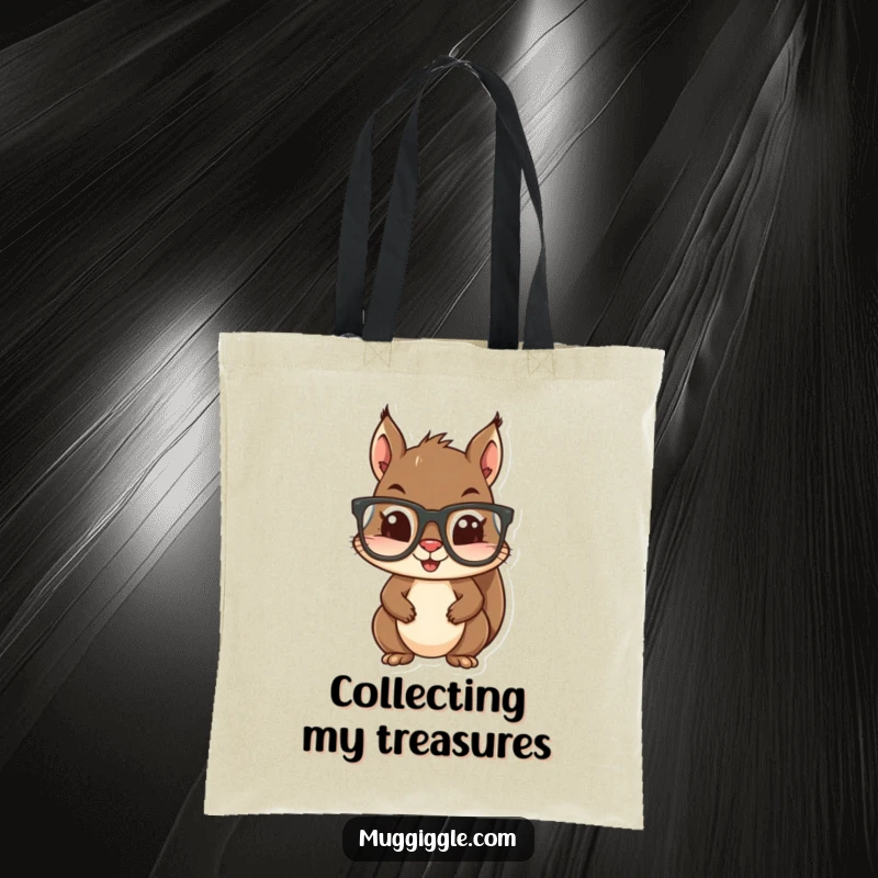 Funny tote bag featuring a squirrel hilariously trying to wear oversized glasses, perfect for carrying books and essentials.