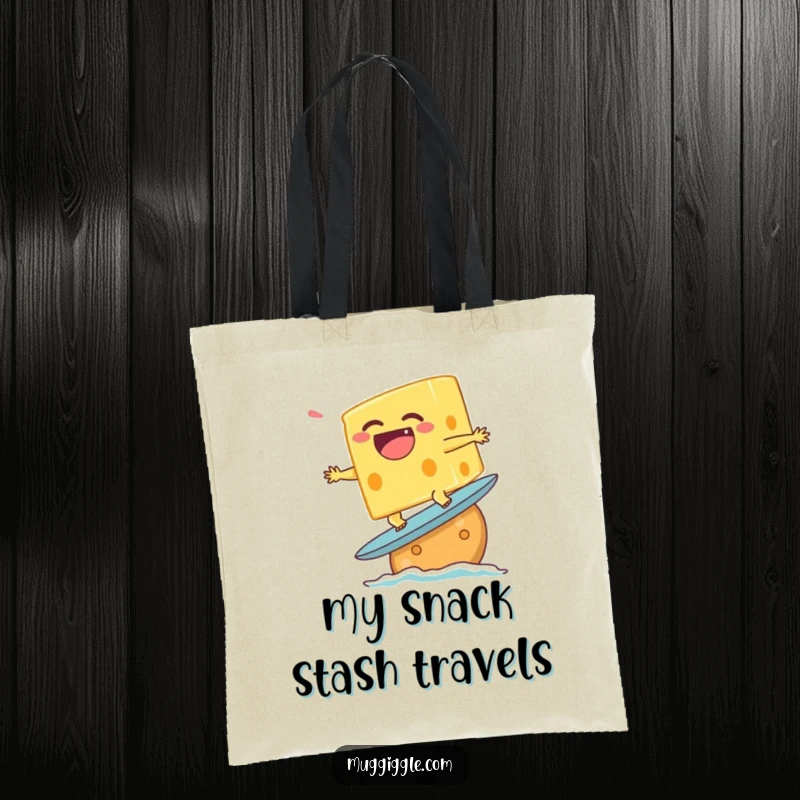 Funny tote bag showcasing a laughing cheese character attempting to surf on a cracker, perfect for carrying snacks.