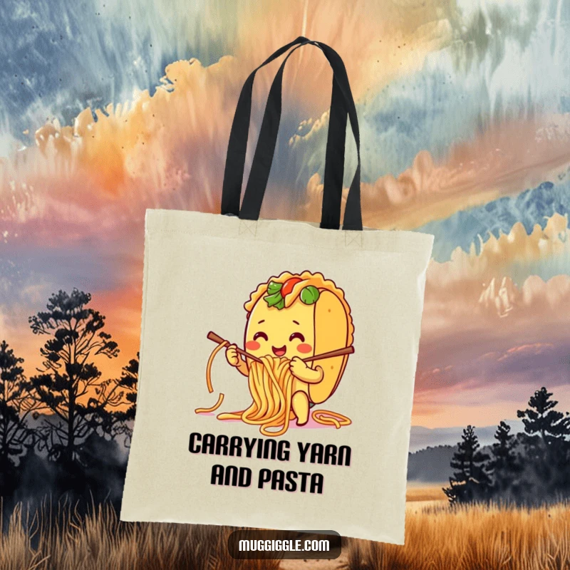Funny Tote Bag: A smiling taco character humorously knitting with spaghetti noodles, a delightful accessory for food lovers.