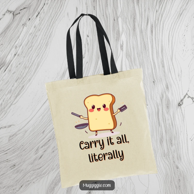 Funny tote bag featuring a brave piece of toast juggling three frying pans, perfect for carrying groceries with a smile.
