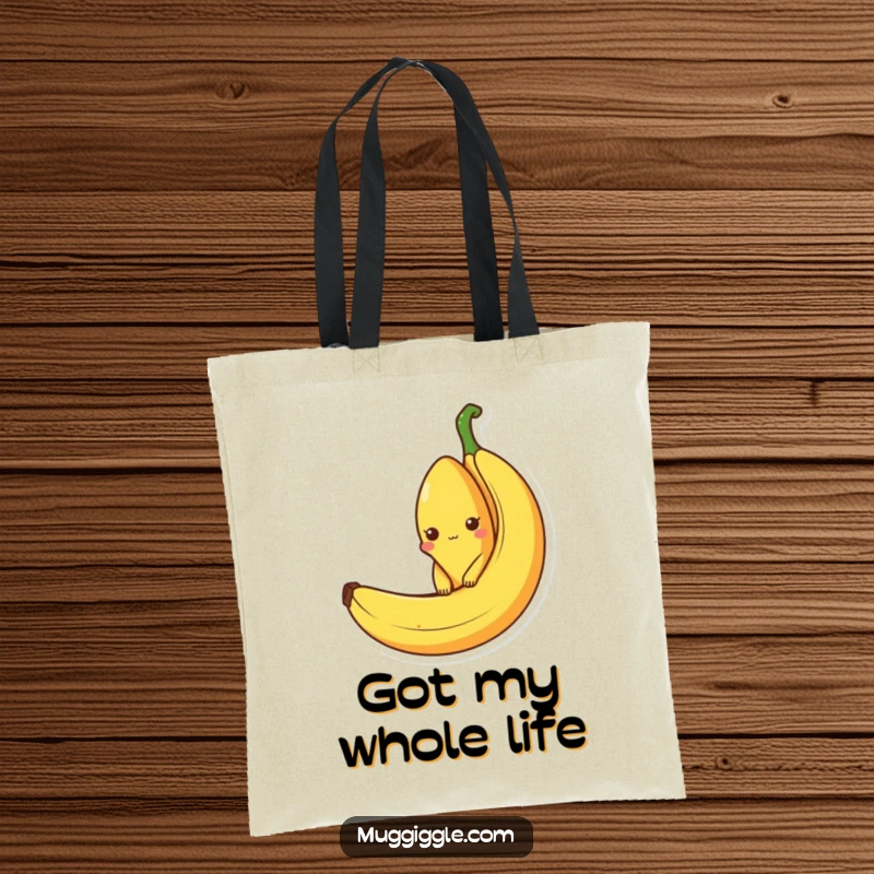 Funny tote bag featuring a curious banana character peeking out from an empty banana peel, ideal for carrying groceries or daily items.