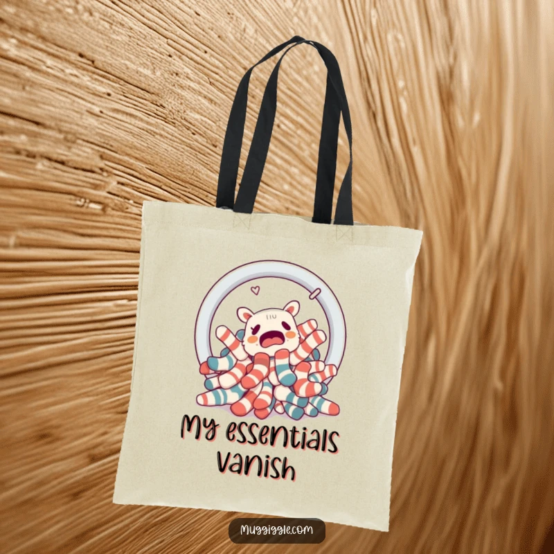 Funny pile of confused socks attempting to escape a laundry basket portal, printed on a durable tote bag.