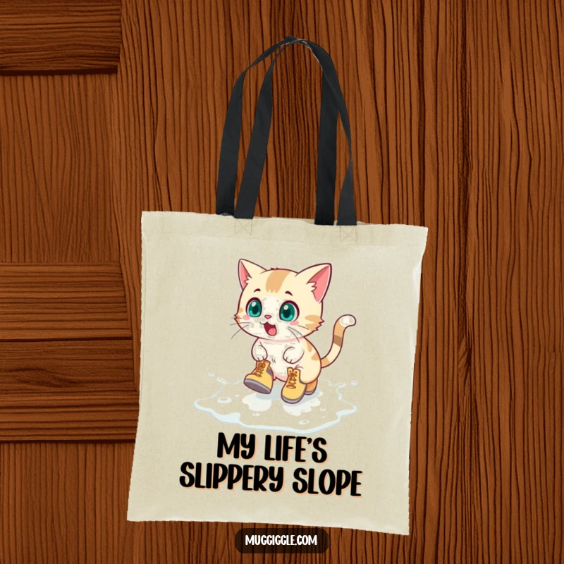 Funny Tote Bag: Surprised cat in tiny boots sliding on spilled milk, a humorous and practical accessory.