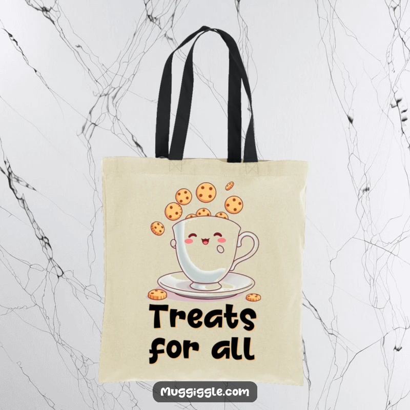 Funny Tote Bag: Tiny teacup character juggling bouncing cookies, a humorous and practical accessory.